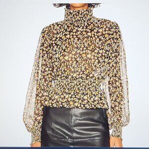 Mira Shirred Blouse MINKPINK sheer Black/Brown high collared Blouse Sz: L NWT